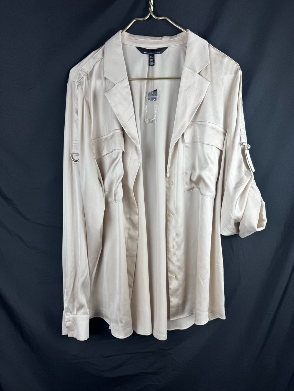 NWT White House Black Market Satin Roll Sleeve Blouse XL Cream Utility Shirt